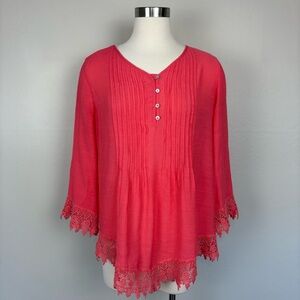 Flowy Boho Top Coral Melon Size Large Floral Embroidery Crochet Beach‎ Resort